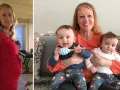 Glad mamma tvillingar! En bild visar gravid mage i röd klänning, den andra visar mamma med sina två bebisar.