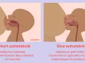 Illustrationer visar amningsteknik. Till vänster, fel teknik med spetsade läppar och kort tungband. Till höger, bra teknik med breda läppar och tungan som mjölkar bröstet.