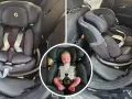 Maxi Cosi Emerald bilbarnstol i en bil, med en nyfödd bebis i en av bilderna. Säkerhet för de minsta.