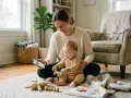 Mamma visar sin bebis en artikel om hur man kan få bort slem i halsen bebis. De leker med träleksaker på en matta.