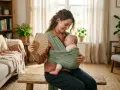 En mamma håller sitt sovande **koala baby** i en bärsjal. Hon viftar med en solfjäder.