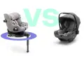 Två bilbarnstolar visas, en roterande och en babyskydd. Jämförelse mellan Nuna Turtle Air och en annan modell.
