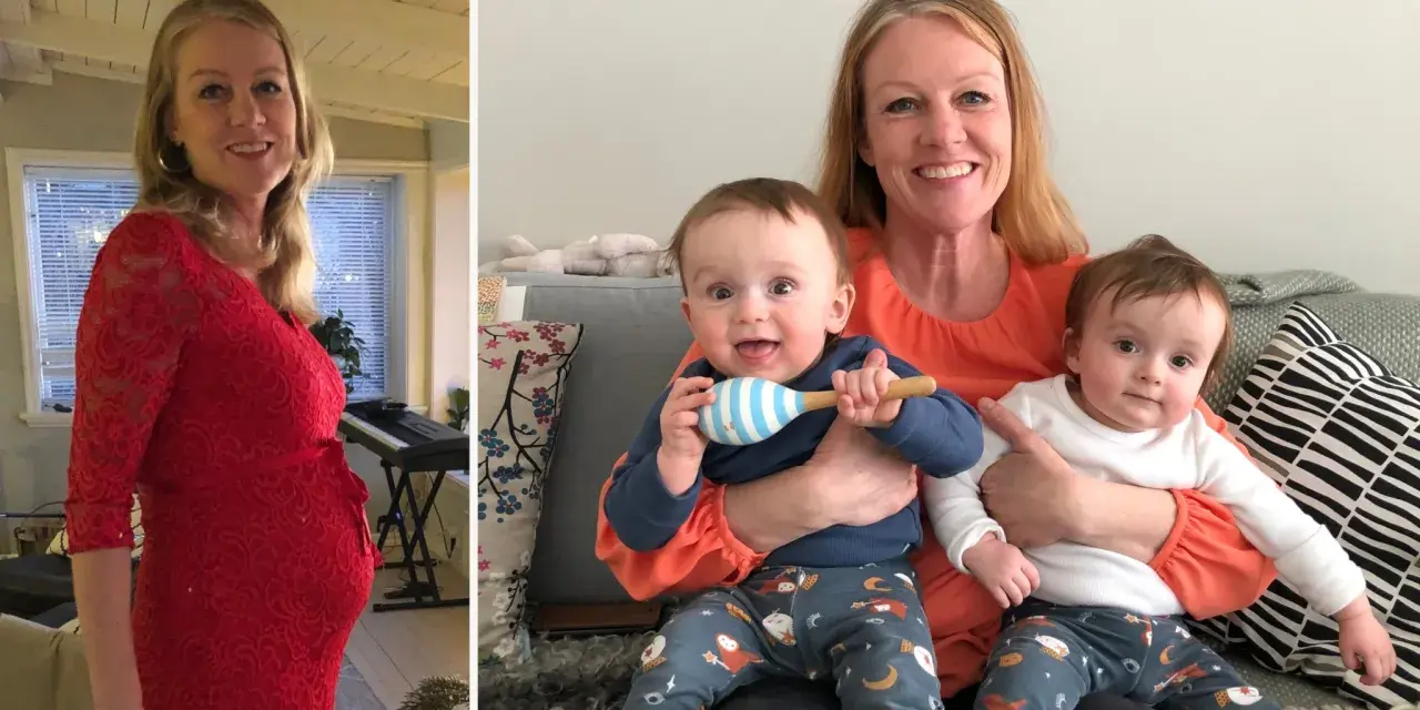 Glad mamma tvillingar! En bild visar gravid mage i röd klänning, den andra visar mamma med sina två bebisar.