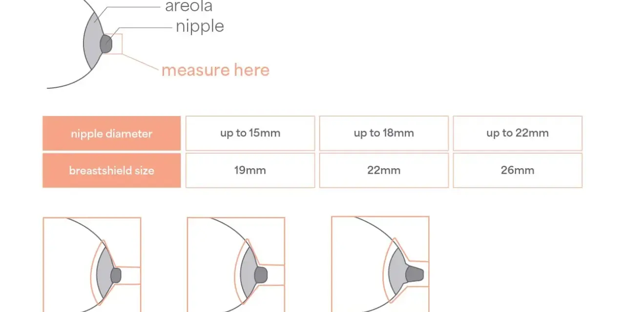 Diagram showing breast anatomy, nipple diameter to breastshield size chart, and illustrations of breastshield fit.