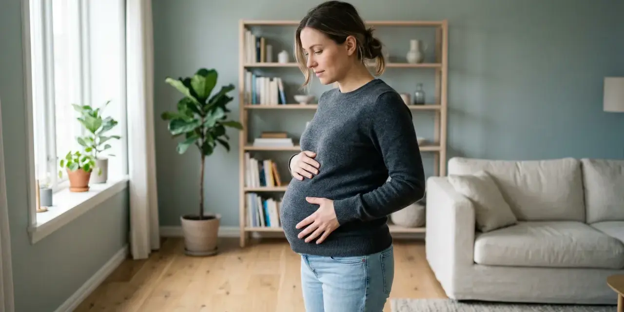 Gravid kvinna med händerna på magen, kanske känner hon av mycket sammandragningar. Hon står i ett ljust rum med en soffa och bokhylla i bakgrunden.