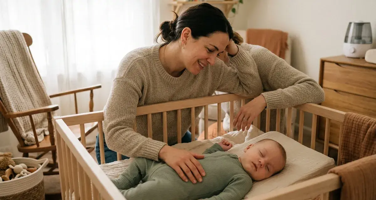 Mamma tittar kärleksfullt på sin snorig bebis som sover i spjälsängen.