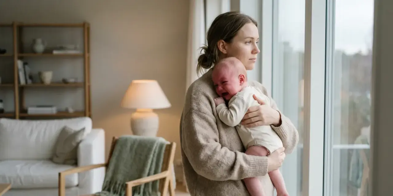 En mamma tröstar sitt kolikbarn vid fönstret.