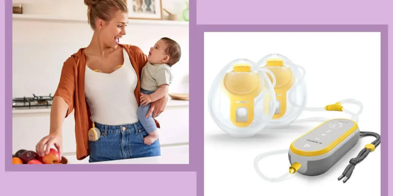 En mamma med sitt barn i famnen, och bredvid en elektrisk bröstpump från Medela.