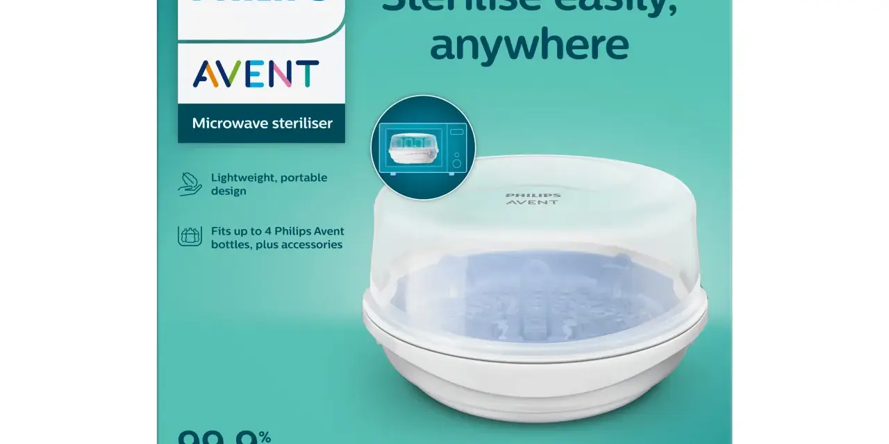 Philips Avent sterilisator för mikrovågsugn. Lätt och portabel, steriliserar upp till 4 flaskor och tillbehör, dödar 99,9% av bakterier.