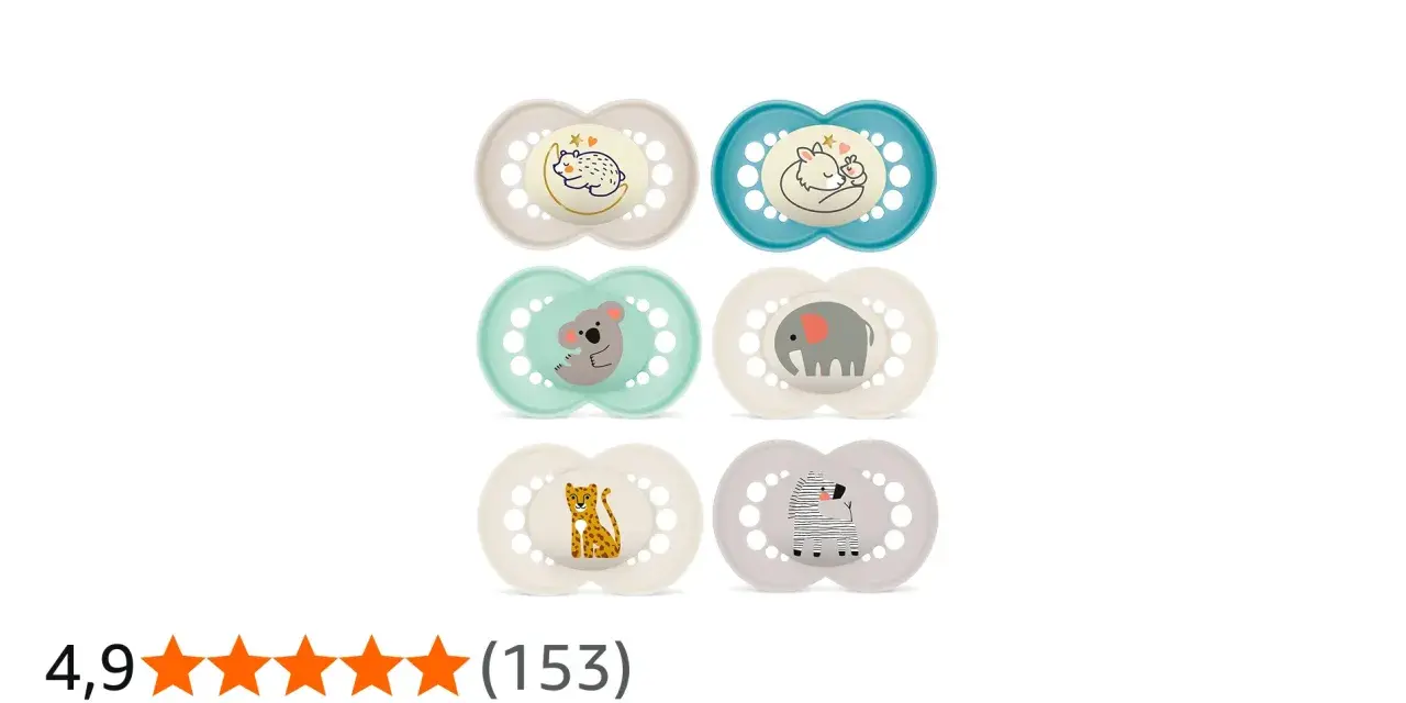 Sex stycken MAM Air nappar 6-16 månader med djurmotiv: björn, räv, koala, elefant, leopard och zebra.