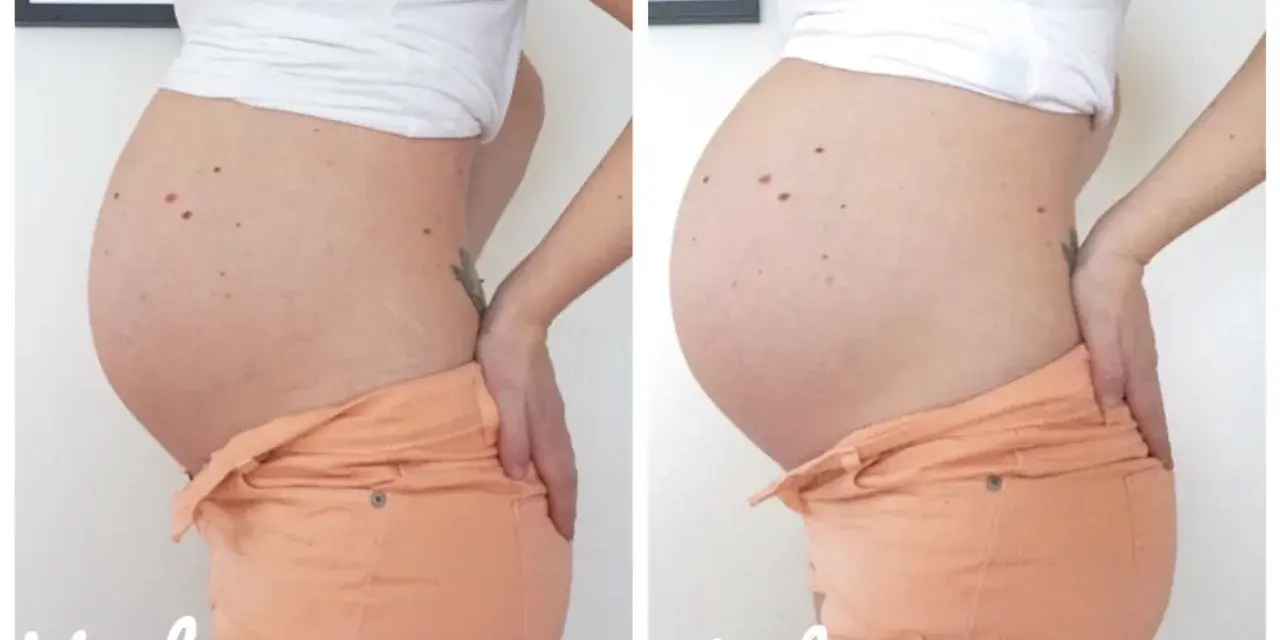Gravid vecka 34 jämfört med vecka 35. En tydlig tillväxt av magen under familjelivet.