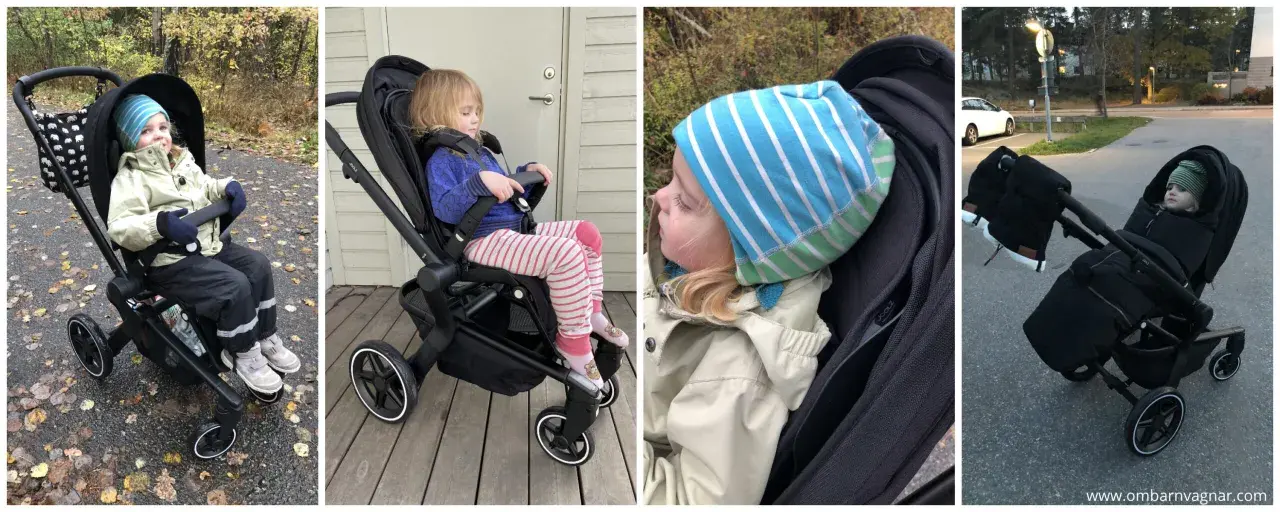 Barn i barnvagnens sittdel. Enkla byten till sittdel gör vardagen smidigare.