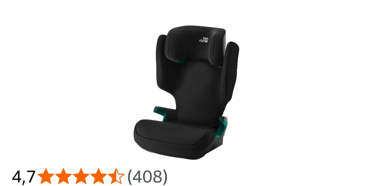 Svart Britax Römer bältesstol med justerbart nackstöd och gröna detaljer. En trygg och bekväm lösning för barnet på bilresan.