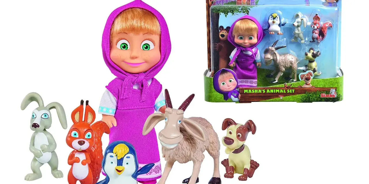 Masha och björnen leksaker med Masha-docka och djurfigurer som en get, hund, pingvin, ekorre och kanin.