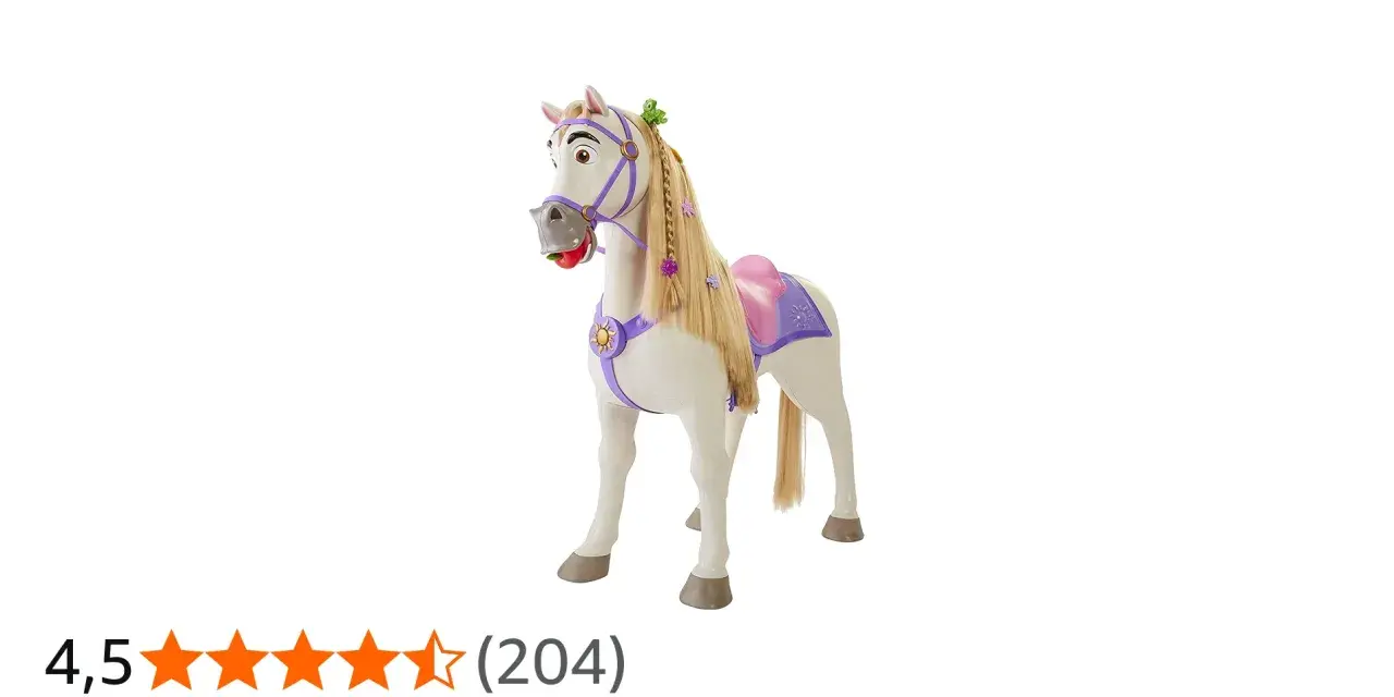 En vit leksakshäst med lila sadel och flätor, inspirerad av disney hästar. En rolig följeslagare för fantasifulla äventyr.