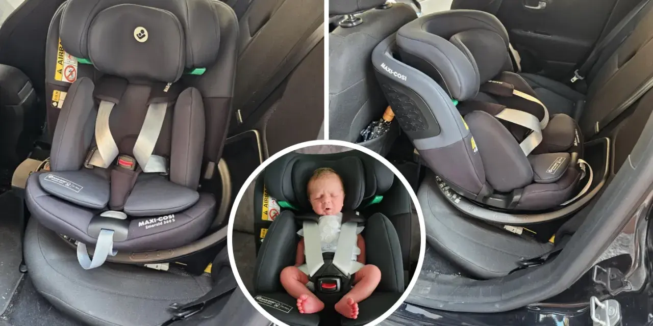 Maxi Cosi Emerald bilbarnstol i en bil, med en nyfödd bebis i en av bilderna. Säkerhet för de minsta.