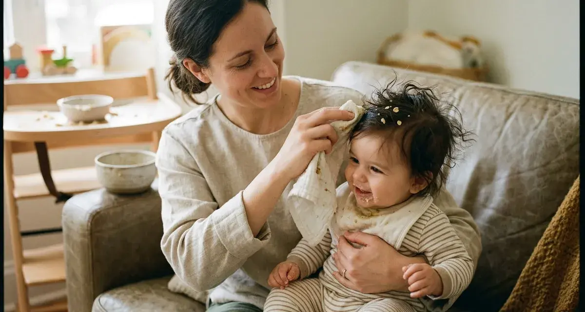 Glad mamma torkar gröt ur håret på sitt leende bebis. Det ser ut som att bebis tappar hår, men det är bara gröt som fastnat i lockarna.