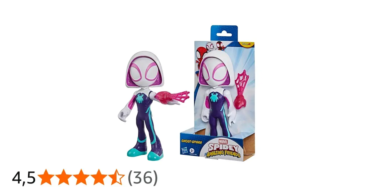 Ghost-Spider leksak i lila och turkos dräkt, redo för äventyr med sin nätkastare. Perfekt för små superhjältar!