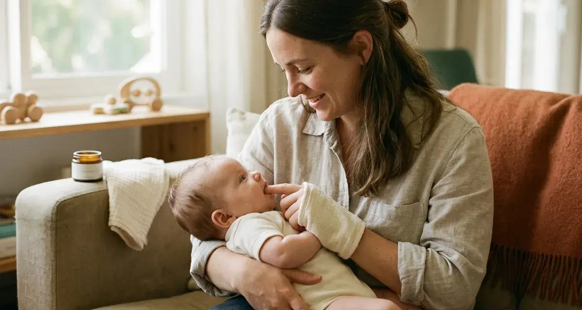 Mamma leker med sin bebis, som har en liten **torsk i munnen** (en leksak). De sitter i en soffa med en orange filt.