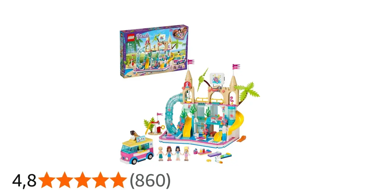 Lego Friends vattenpark med rutschkanor, pool och glassbil. Perfekt för sommarlek!