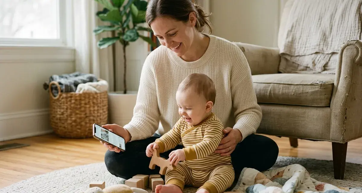 Mamma visar sin bebis en artikel om hur man kan få bort slem i halsen bebis. De leker med träleksaker på en matta.