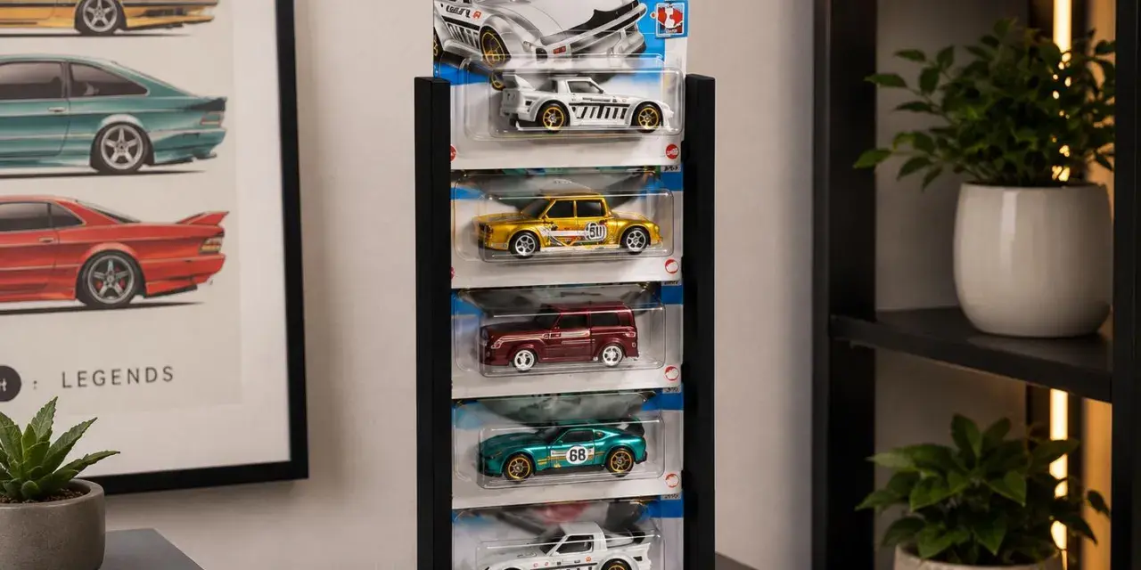 Snygg hot wheels förvaring med fem bilar i sina originalförpackningar. En vit sportbil, en gul sedan, en röd kombi, en grön sportbil och en vit racerbil.