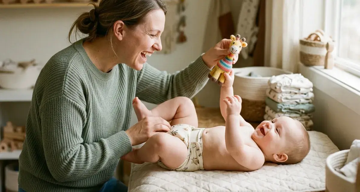 Mother playing with her happy baby on a changing mat, holding a giraffe toy.
