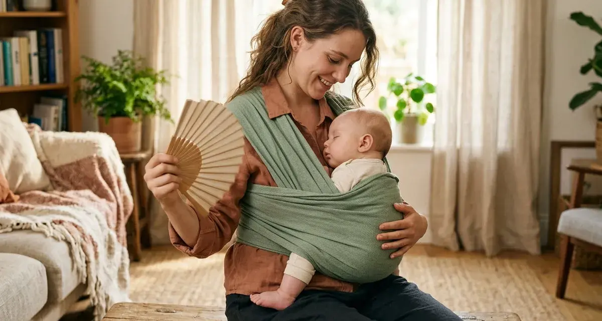 En mamma håller sitt sovande **koala baby** i en bärsjal. Hon viftar med en solfjäder.