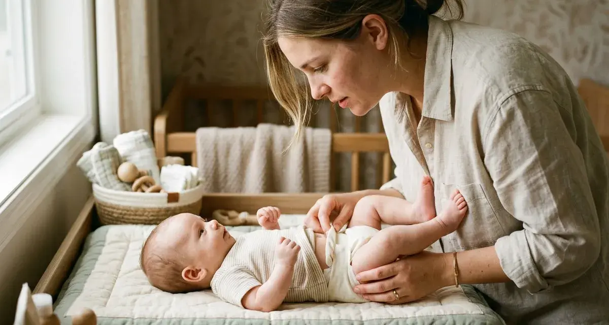 Mamma byter blöja på sitt bebis. Den lilla bebis harklar sig och tittar upp på sin mamma.