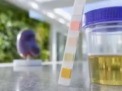 Urinprov med teststicka och mugg. En modell av en njure syns i bakgrunden, relevant för att undersöka protein i urin gravid.