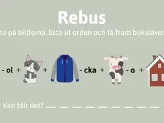 Rolig rebus för barn: sol (-ol) + katt + jacka (-cka) + ko (-o) + hus (-ak) = sockar.