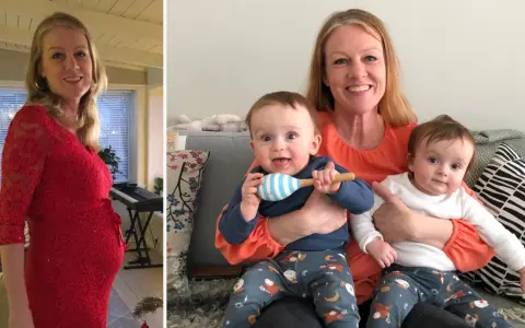 Glad mamma tvillingar! En bild visar gravid mage i röd klänning, den andra visar mamma med sina två bebisar.