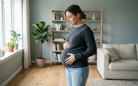 Gravid kvinna med händerna på magen, kanske känner hon av mycket sammandragningar. Hon står i ett ljust rum med en soffa och bokhylla i bakgrunden.