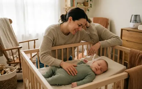 Mamma tittar kärleksfullt på sin snorig bebis som sover i spjälsängen.