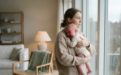 En mamma tröstar sitt kolikbarn vid fönstret.