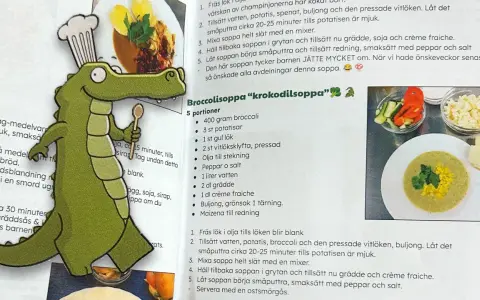 En glad krokodilkock med en sked i handen presenterar receptet på "Krokodilsoppa". En perfekt rese potta för små äventyrare!