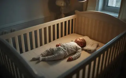 Sover gott i spjälsängen, en liten bebis svettas lite i värmen.