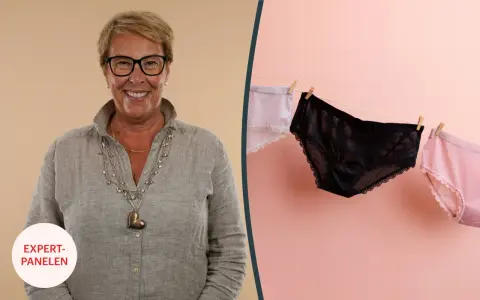 En kvinna ler, bredvid trosor som hänger på en lina. Kan brunt blod vara ett tecken på att man inte är gravid?