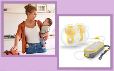 En mamma med sitt barn i famnen, och bredvid en elektrisk bröstpump från Medela.