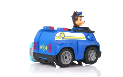 En blå Paw Patrol gåbil med Chase redo för äventyr.