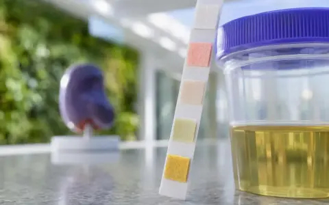 Urinprov med teststicka och mugg. En modell av en njure syns i bakgrunden, relevant för att undersöka protein i urin gravid.