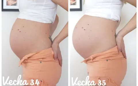 Gravid vecka 34 jämfört med vecka 35. En tydlig tillväxt av magen under familjelivet.