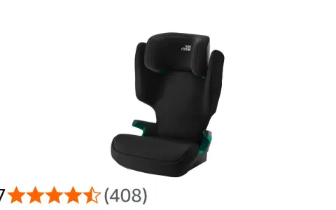 Svart Britax Römer bältesstol med justerbart nackstöd och gröna detaljer. En trygg och bekväm lösning för barnet på bilresan.