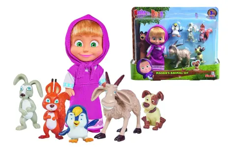 Masha och björnen leksaker med Masha-docka och djurfigurer som en get, hund, pingvin, ekorre och kanin.