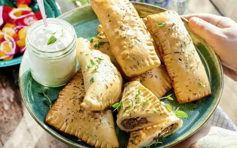 En tallrik med gyllene piroger, perfekta som mellis för en 1-åring. Serveras med en klick krämig dipp och färska örter.