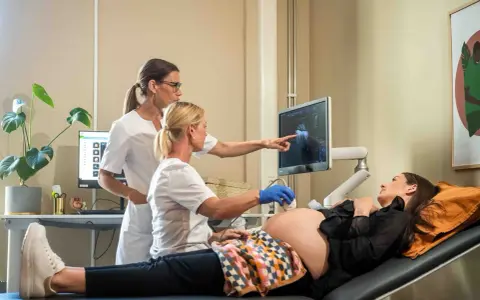 Två vårdgivare utför ett vaginalt ultraljud på en gravid kvinna. Bilden visar en skärm med ultraljudsbilder.