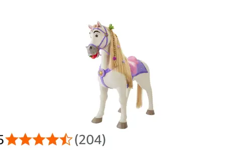 En vit leksakshäst med lila sadel och flätor, inspirerad av disney hästar. En rolig följeslagare för fantasifulla äventyr.