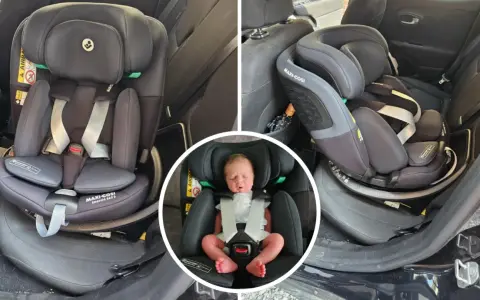 Maxi Cosi Emerald bilbarnstol i en bil, med en nyfödd bebis i en av bilderna. Säkerhet för de minsta.