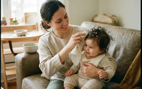 Glad mamma torkar gröt ur håret på sitt leende bebis. Det ser ut som att bebis tappar hår, men det är bara gröt som fastnat i lockarna.