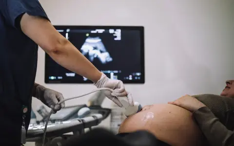 Gravid kvinna får ultraljud. Läkaren undersöker fostret, 18 veckor, på skärmen.